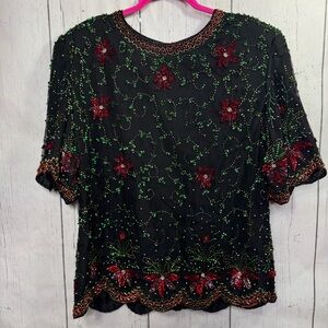 Laurence Kazar Vintage Silk Beaded Top Black Red Green Holiday Party 80s Glam